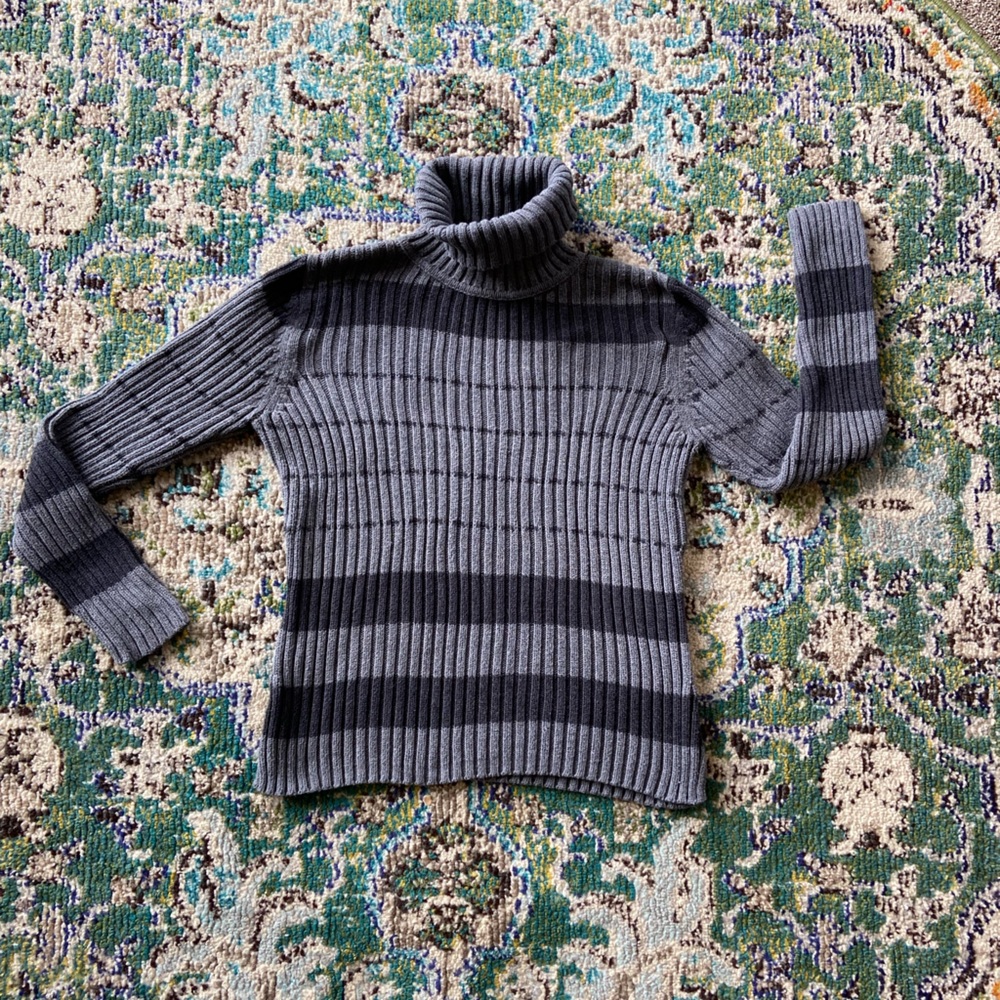 JEANNE PIERRE Gray Striped Ribbed Turtleneck Sweater
